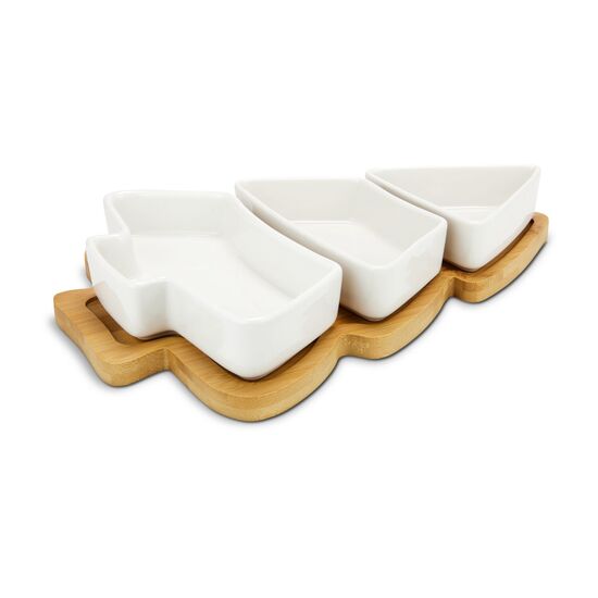 Servierschalen-Set in Tannenbaumform, 3 Keramikschälchen und Bambusbrett, eingelassene Vertiefungen für besseren Halt (Bambus, Keramik)