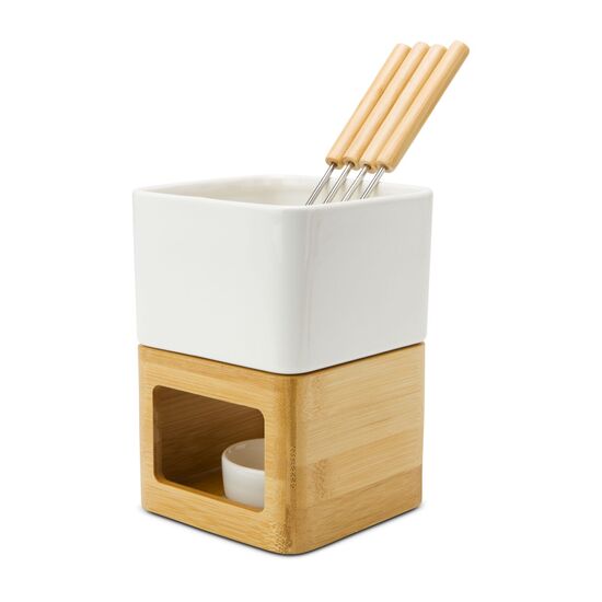 Fondueset bestehend aus Topf, Stövchen mit Teelichthalterung, 4 Piksern in verschiedenen Grautönen (Keramik, Holz, Edelstahl, ohne Teelicht)