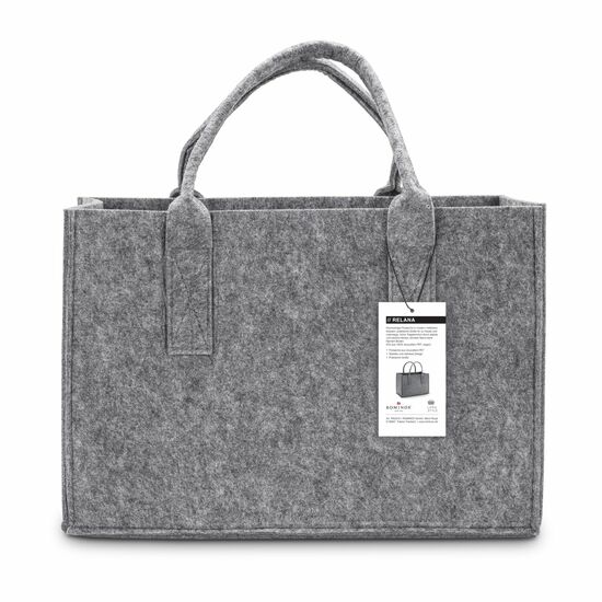 Hochwertige Filztasche in modern meliertem Grauton, praktische Größe für zuhause und unterwegs, hoher Tragekomfort durch stabile und weiche Henkel, sicherer Stand dank flachem Boden