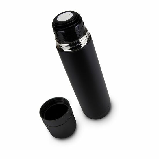 Elegante Isolierkanne in Schwarz, Drehverschluss mit Drucköffnung, integrierter Zweitbecher, 750 ml (Edelstahl, Kunststoff)