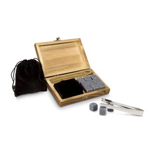 Set bestehend aus 9 wiederverwendbaren Granit-Eiswürfel-Steinen, Samtbeutel und Edelstahl-Eiszange; Aufbewahrungskiste aus Holz