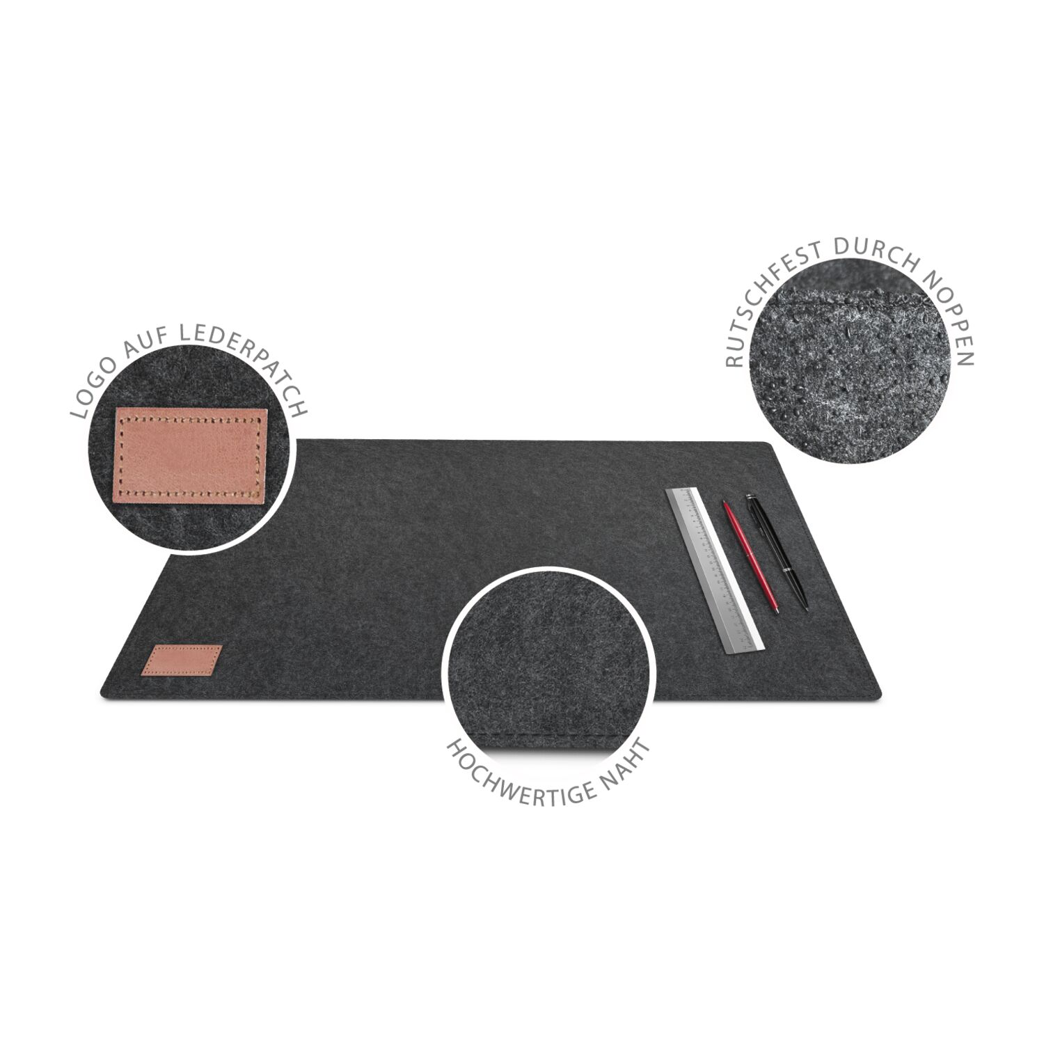 Hochwertige Schreibtischunterlage aus Filz, modernes, dunkles Anthrazit passend zu jedem Schreibtisch, praktische Antirutschunterseite, hochwertiger Saum, edles, aufgenähtes PU-Badge