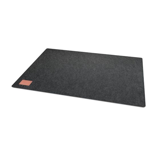 Hochwertige Schreibtischunterlage aus Filz, modernes, dunkles Anthrazit passend zu jedem Schreibtisch, praktische Antirutschunterseite, hochwertiger Saum, edles, aufgenähtes PU-Badge