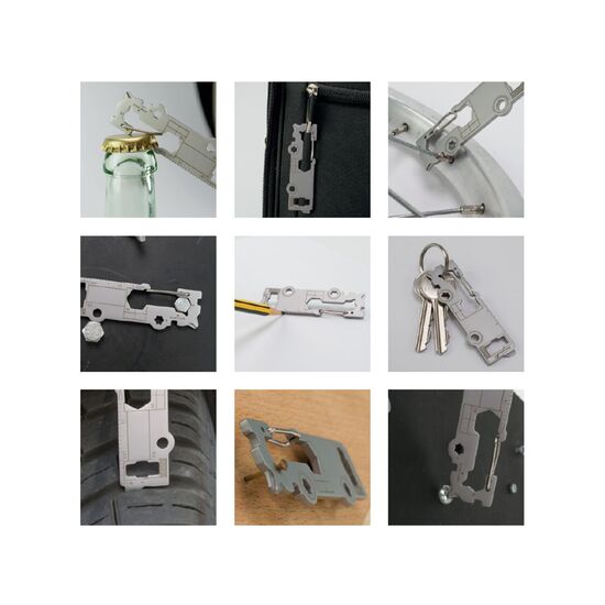 Multifunktionaler Schlüsselanhänger mit 18 Funktionen: Edelstahl Multitool inkl. Funktionsbeschreibung