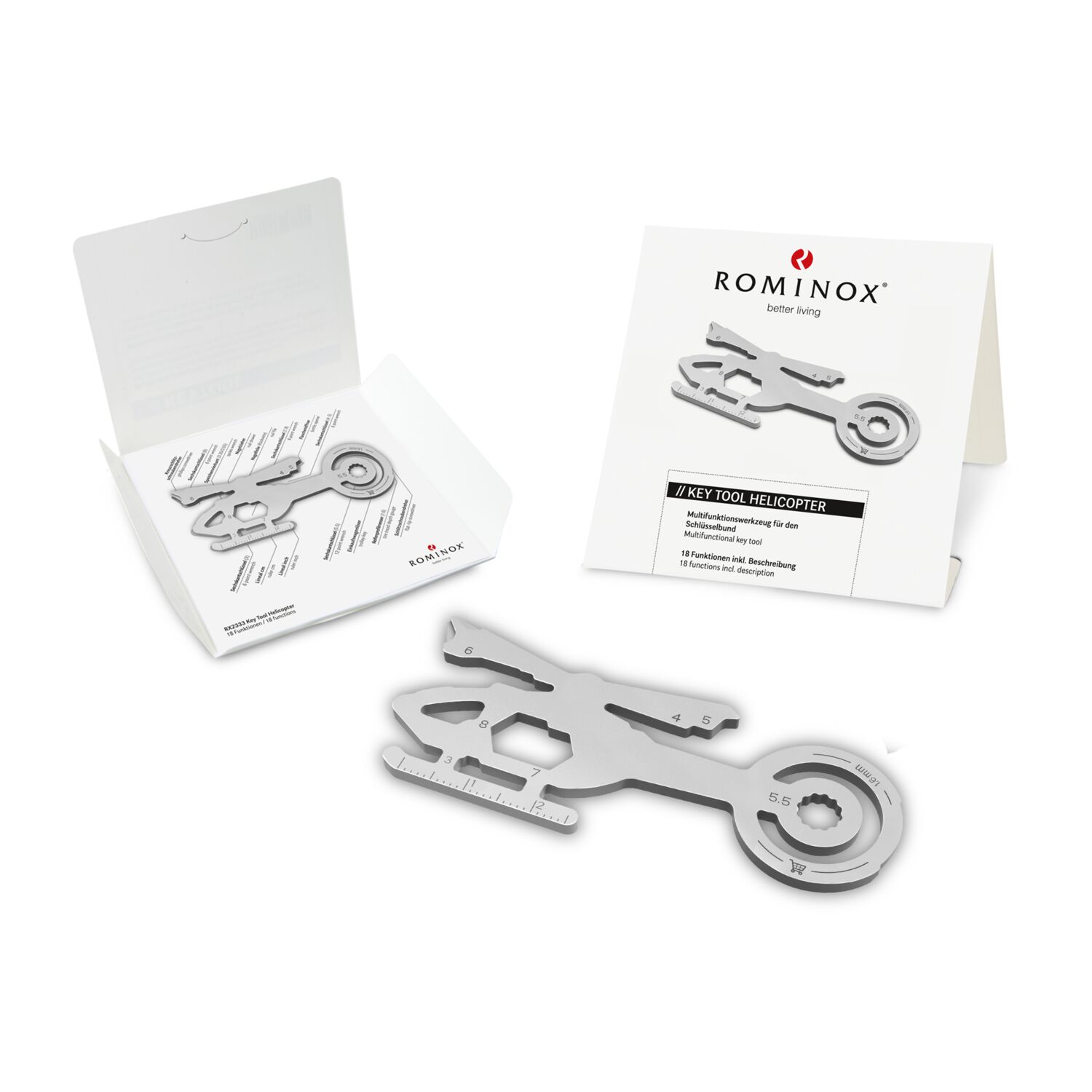 Multifunktionaler Schlüsselanhänger mit 18 Funktionen: Edelstahl Multitool inkl. Funktionsbeschreibung