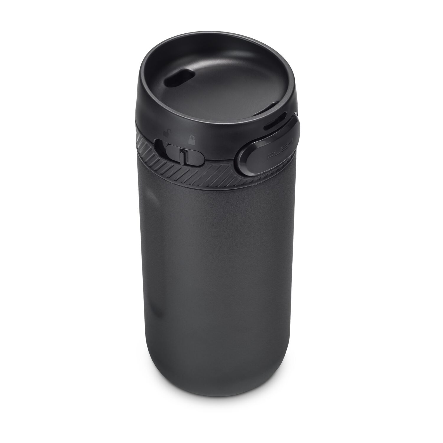 Moderner Thermobecher mit Einhand-Druckknopfverschluss und entnehmbarem Innenteil, 400 ml (Edelstahl - pulverbeschichtet, Kunststoff, Gummi)