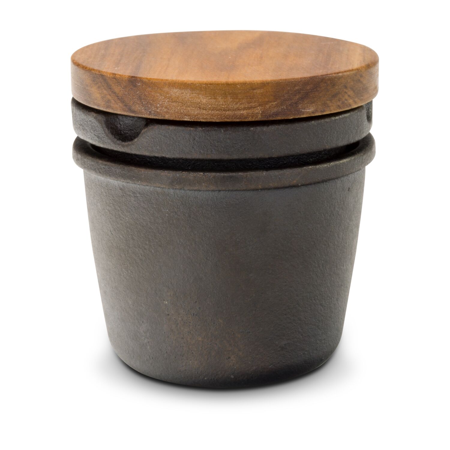 Gusseiserner Grinder, Reibe mit Bodenriffelung, inklusive Pinsel, mit Deckel und Dichtungsring (Gusseisen, Akazienholz, Kunststoff)