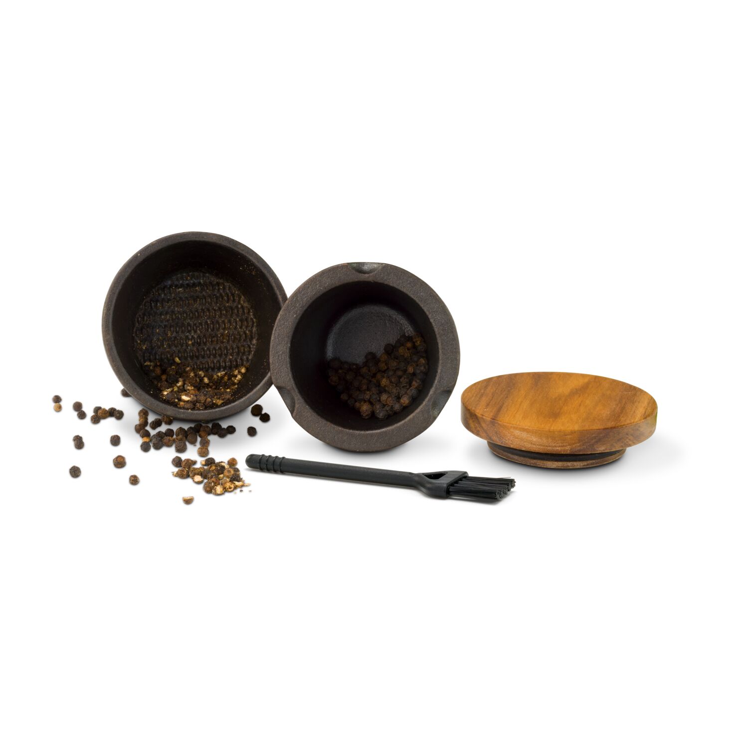 Gusseiserner Grinder, Reibe mit Bodenriffelung, inklusive Pinsel, mit Deckel und Dichtungsring (Gusseisen, Akazienholz, Kunststoff)