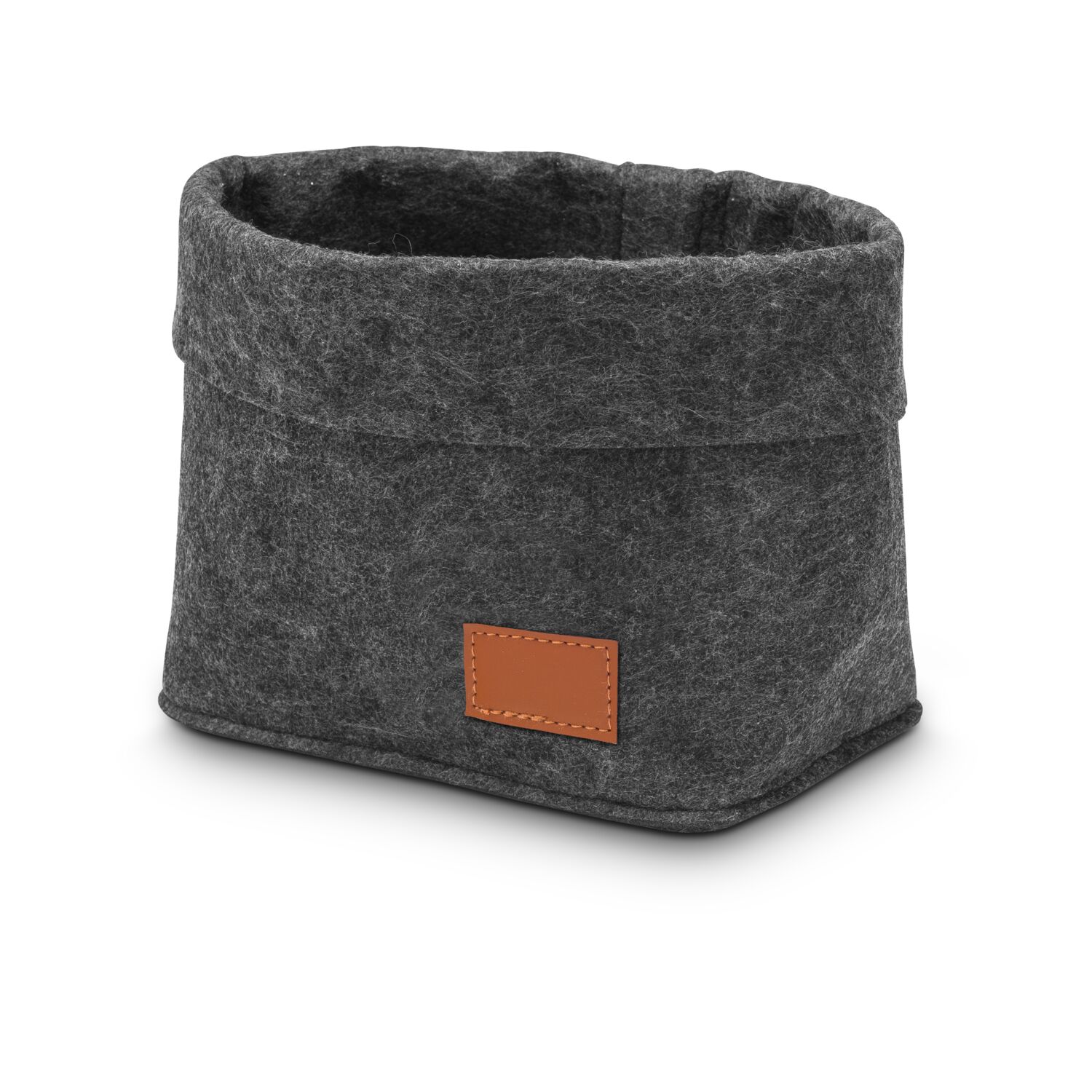 Filzkorb in Anthrazit, mit Krempe und aufgenähtem Badge in Lederoptik
