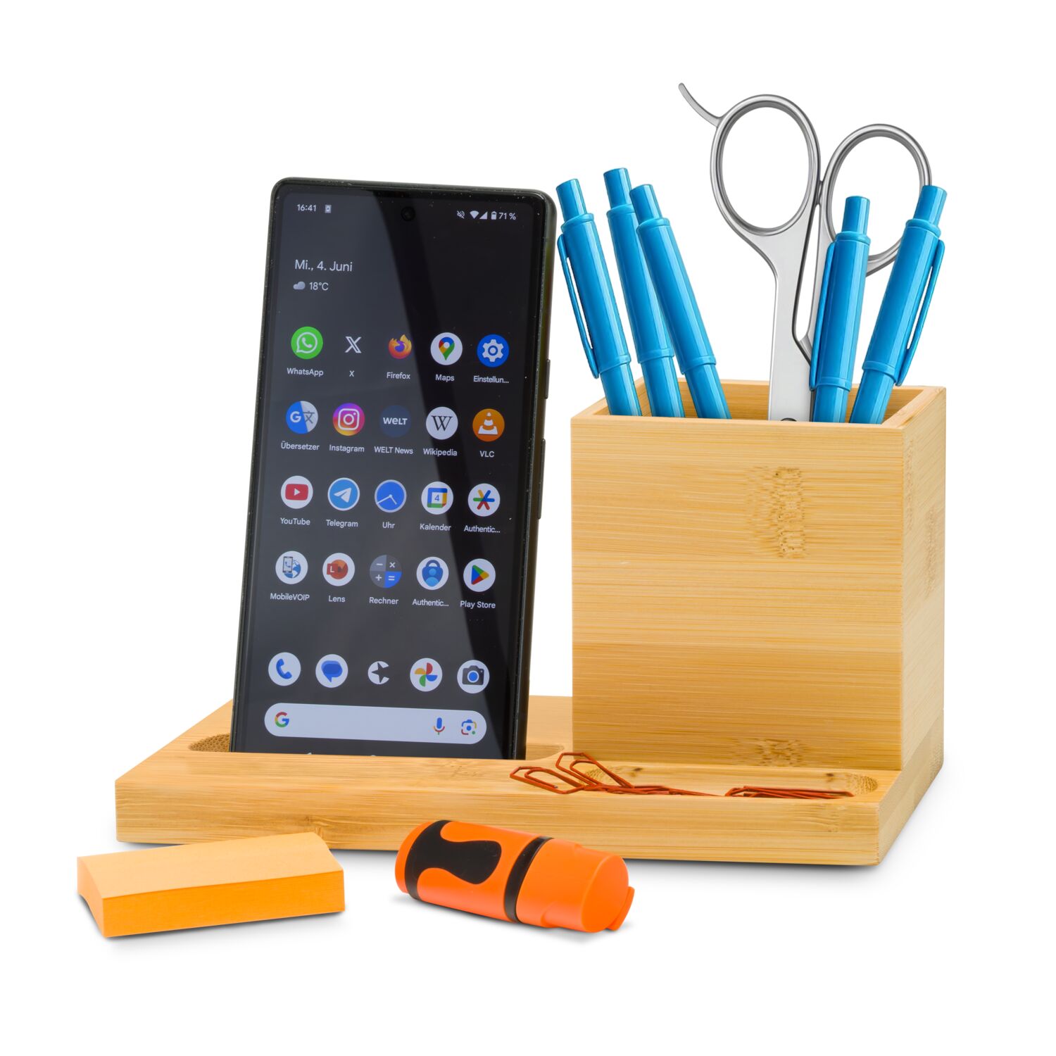 Schreibtischorganizer aus Holz, modernes Design, integrierter Handyhalter, Stiftehalter und kleines Fach für Bürozubehör (Bambus)