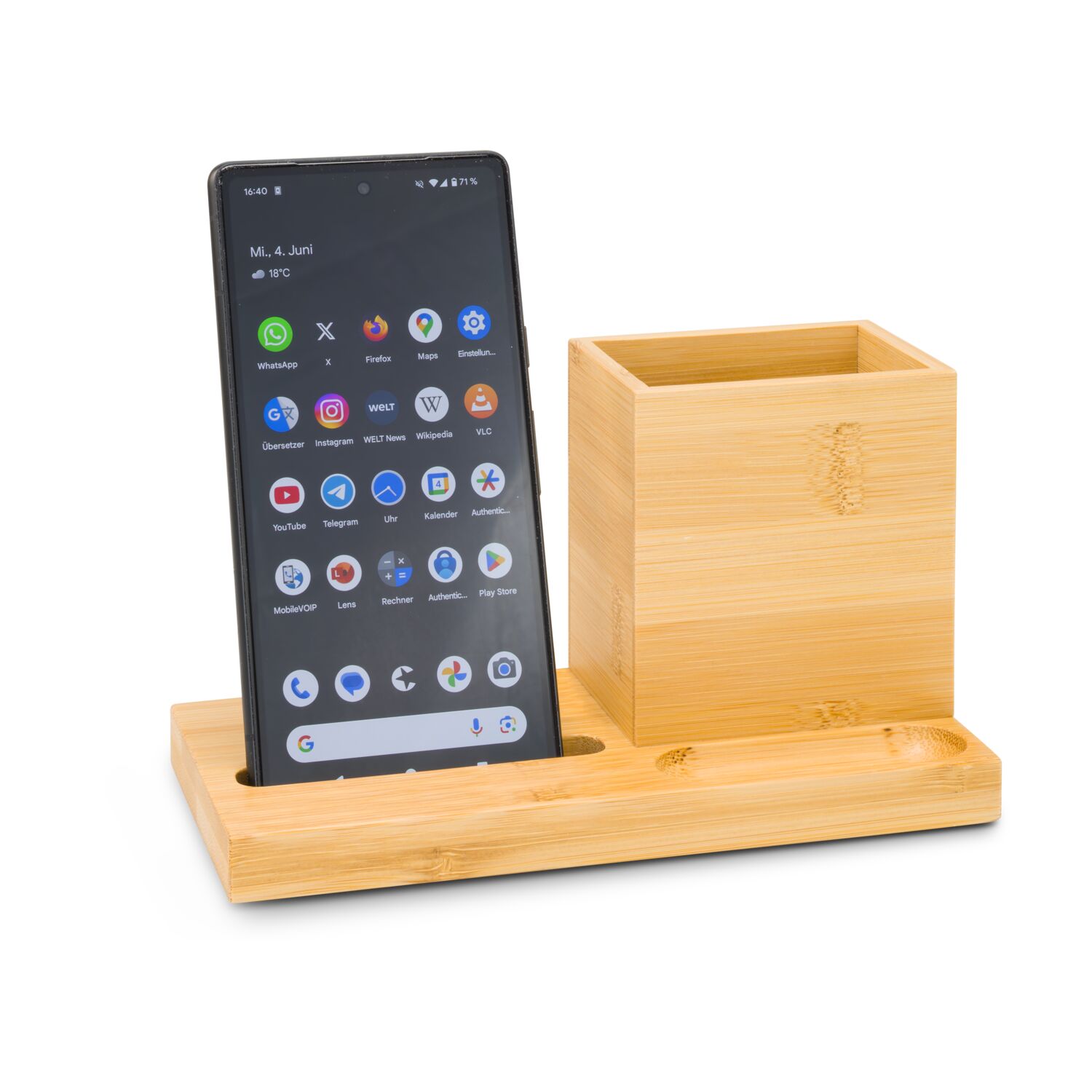 Schreibtischorganizer aus Holz, modernes Design, integrierter Handyhalter, Stiftehalter und kleines Fach für Bürozubehör (Bambus)