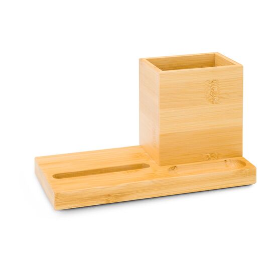 Schreibtischorganizer aus Holz, modernes Design, integrierter Handyhalter, Stiftehalter und kleines Fach für Bürozubehör (Bambus)