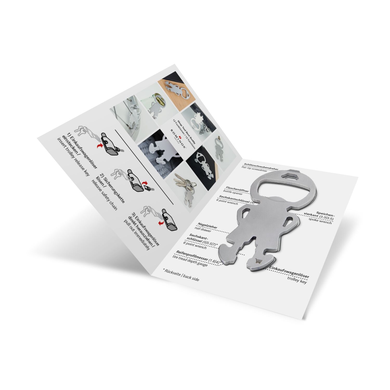 Multifunktionaler Einkaufswagenlöser für den Schlüsselbund mit 12 Funktionen: Edelstahl Multitool inkl. Funktionsbeschreibung