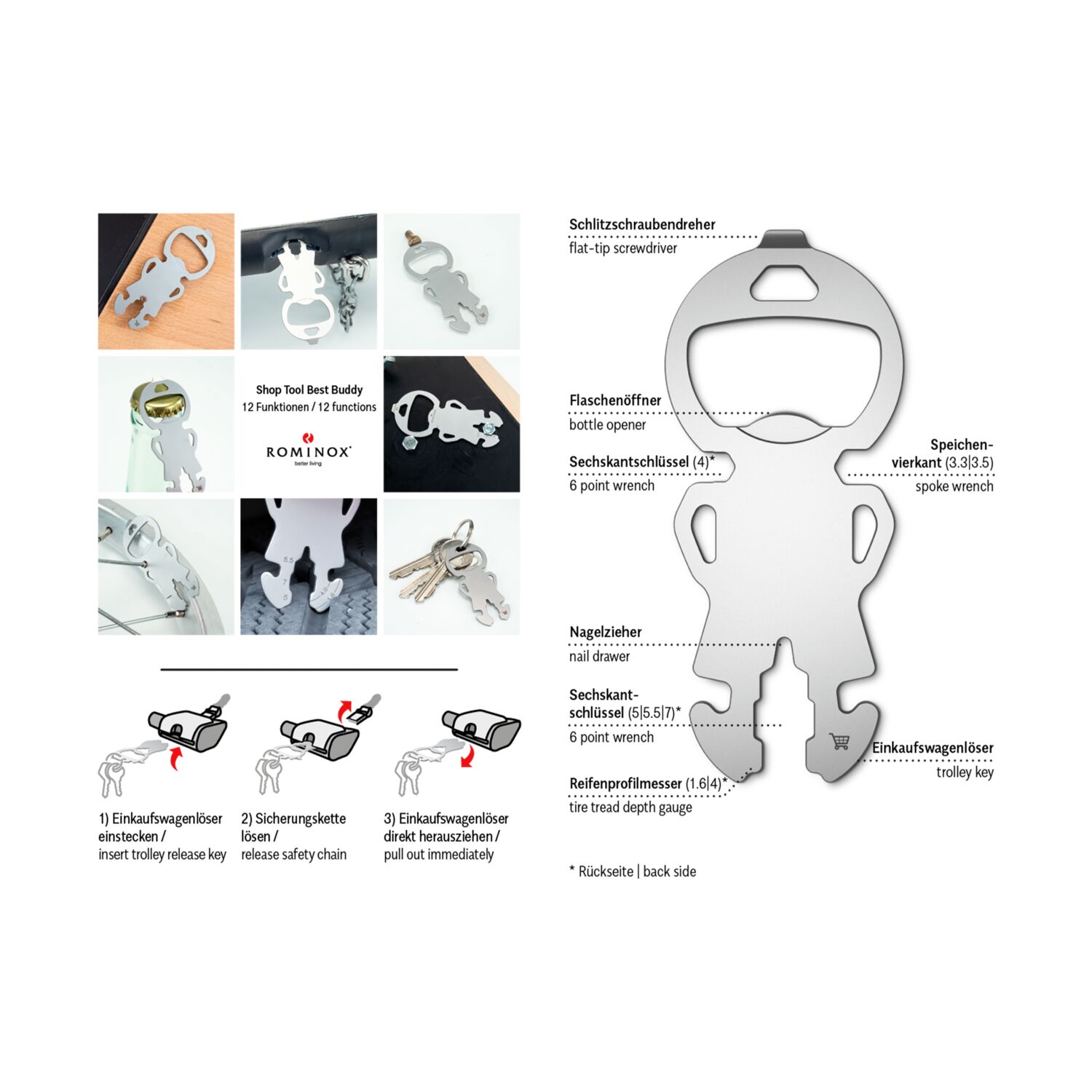 Multifunktionaler Einkaufswagenlöser für den Schlüsselbund mit 12 Funktionen: Edelstahl Multitool inkl. Funktionsbeschreibung