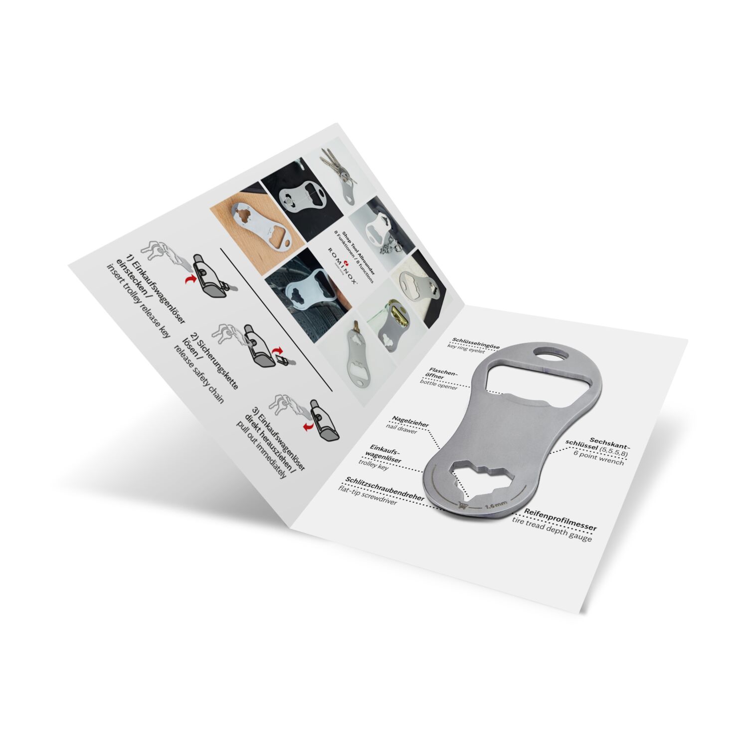 Multifunktionaler Einkaufswagenlöser für den Schlüsselbund mit 8 Funktionen: Edelstahl Multitool inkl. Funktionsbeschreibung