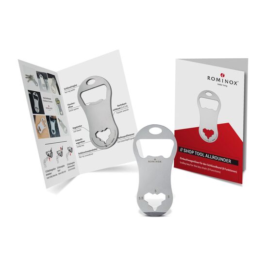 Multifunktionaler Einkaufswagenlöser für den Schlüsselbund mit 8 Funktionen: Edelstahl Multitool inkl. Funktionsbeschreibung