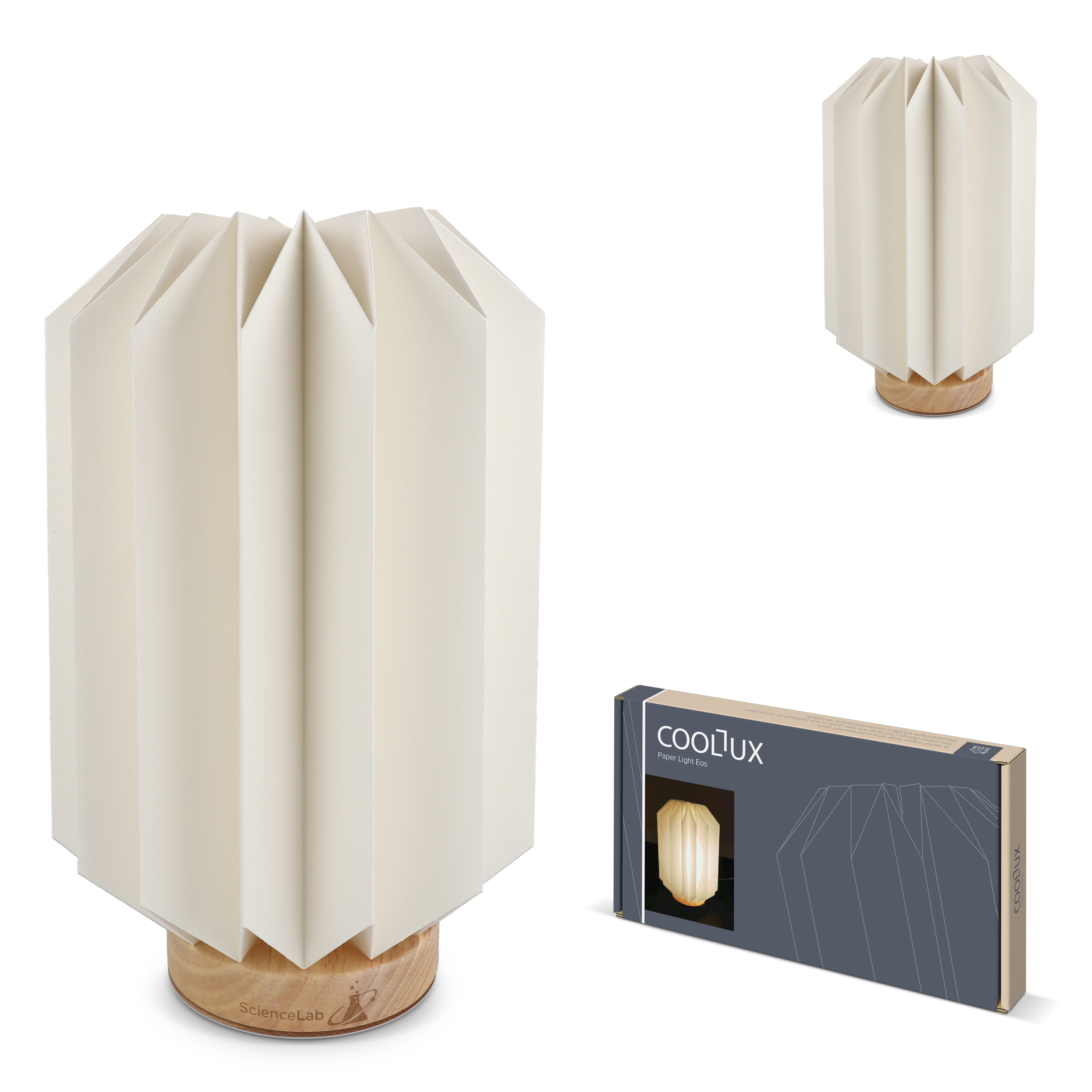 Coollux faltbare Papier-LED-Lampe Eos auf Holzsockel, 25 cm (Briefkastengröße)