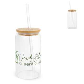 Glas mit Bambusdeckel &amp; Strohhalm 450ml