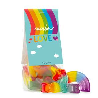 Naschbeutel Rainbow Love Fruchtgummi mit Logo – Buntes Werbegeschenk