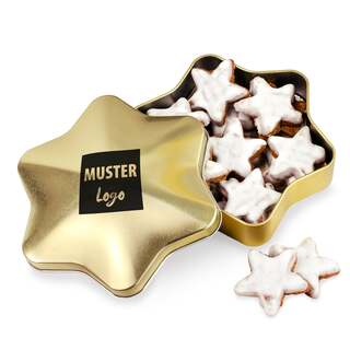 Goldene Stern-Dose mit Zimtsternen & Logo – Premium Weihnachtsgeschenk