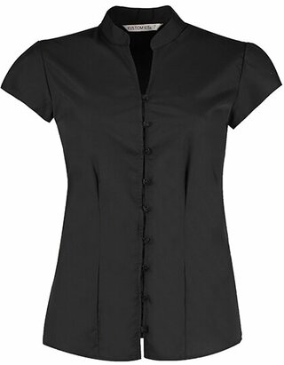 Tailored Fit Poplin Contintental Blouse Mandarin Collar Cap Sleeve
